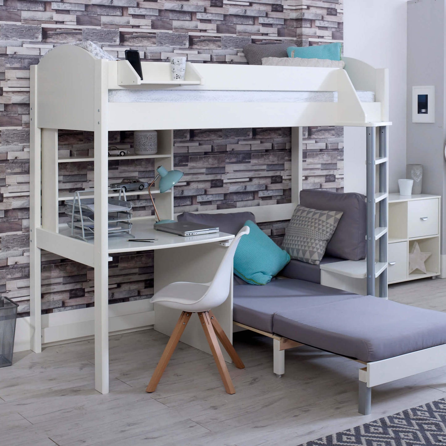 Noah high sleeper loft bed with desk, shelves, and pull-out chair bed, perfect for children and teens.