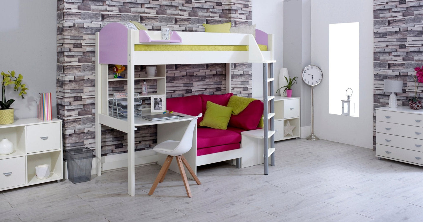 Noah High Sleeper Loft Bed with Chair Bed, Desk, and Shelves in stylish bedroom setting.