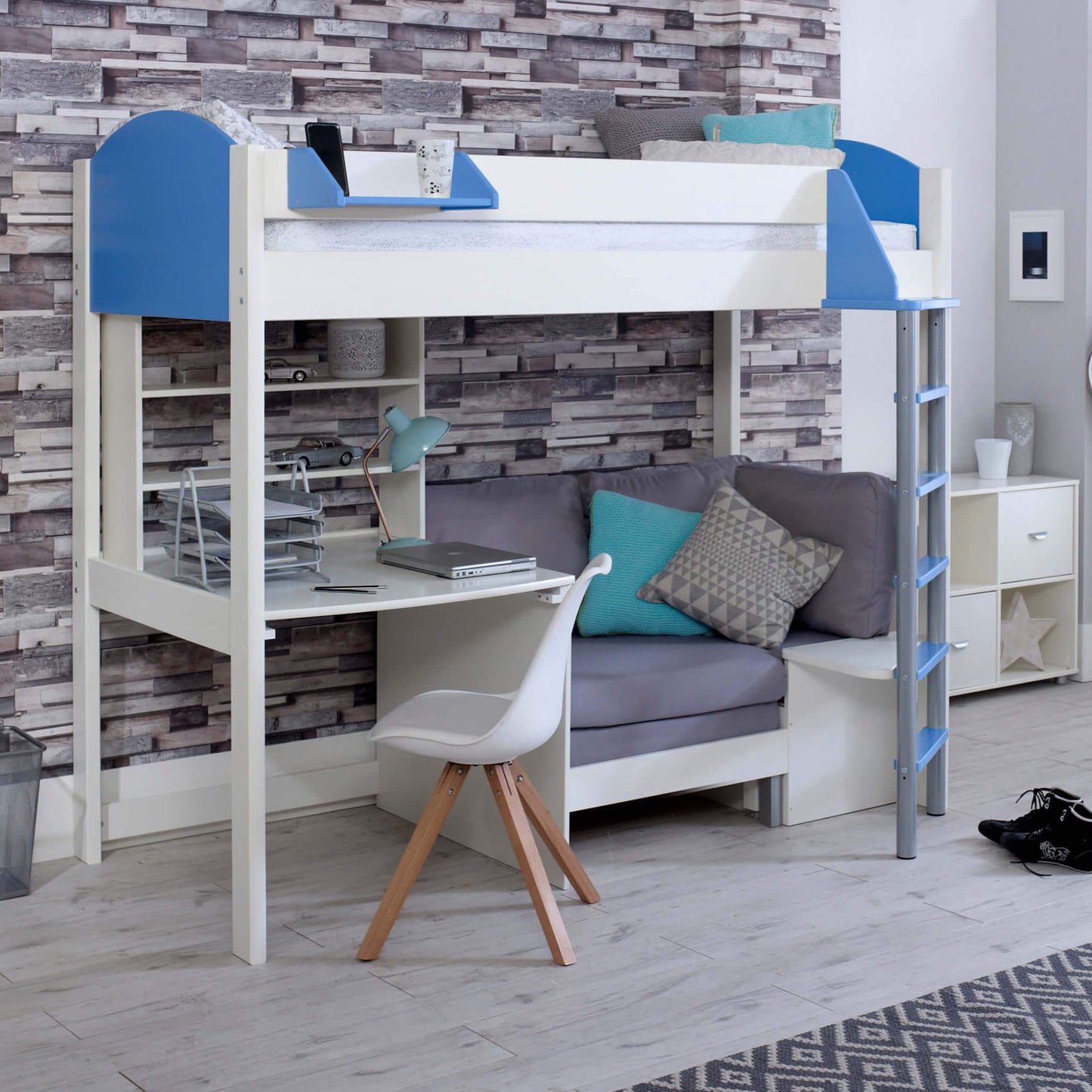 Noah High Sleeper Loft Bed with Chair Bed, Desk, and Shelves in Scandinavian pine with blue accents in bedroom setup.