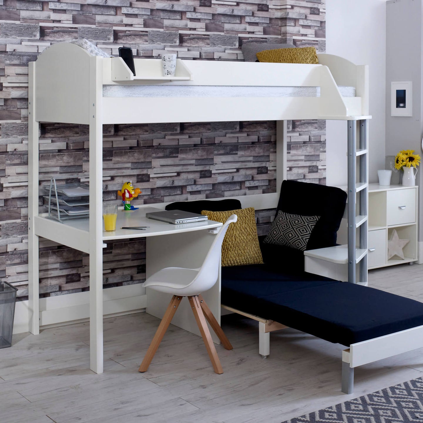 Noah high sleeper loft bed with pull-out chair bed, desk, and shelves in a modern room setting.