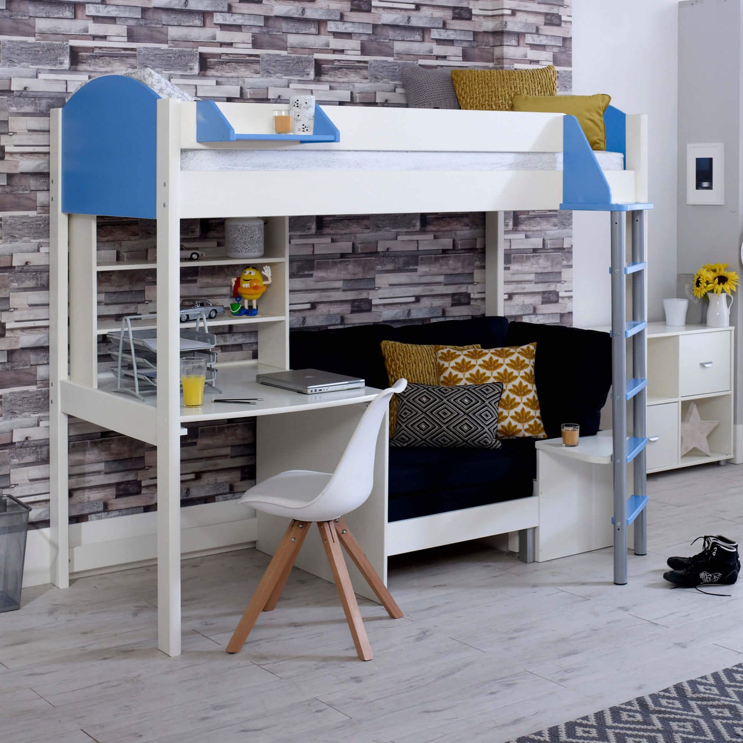 Noah high sleeper loft bed with chair bed, desk, and shelves, featuring a blue and white color scheme and Scandinavian pine frame.