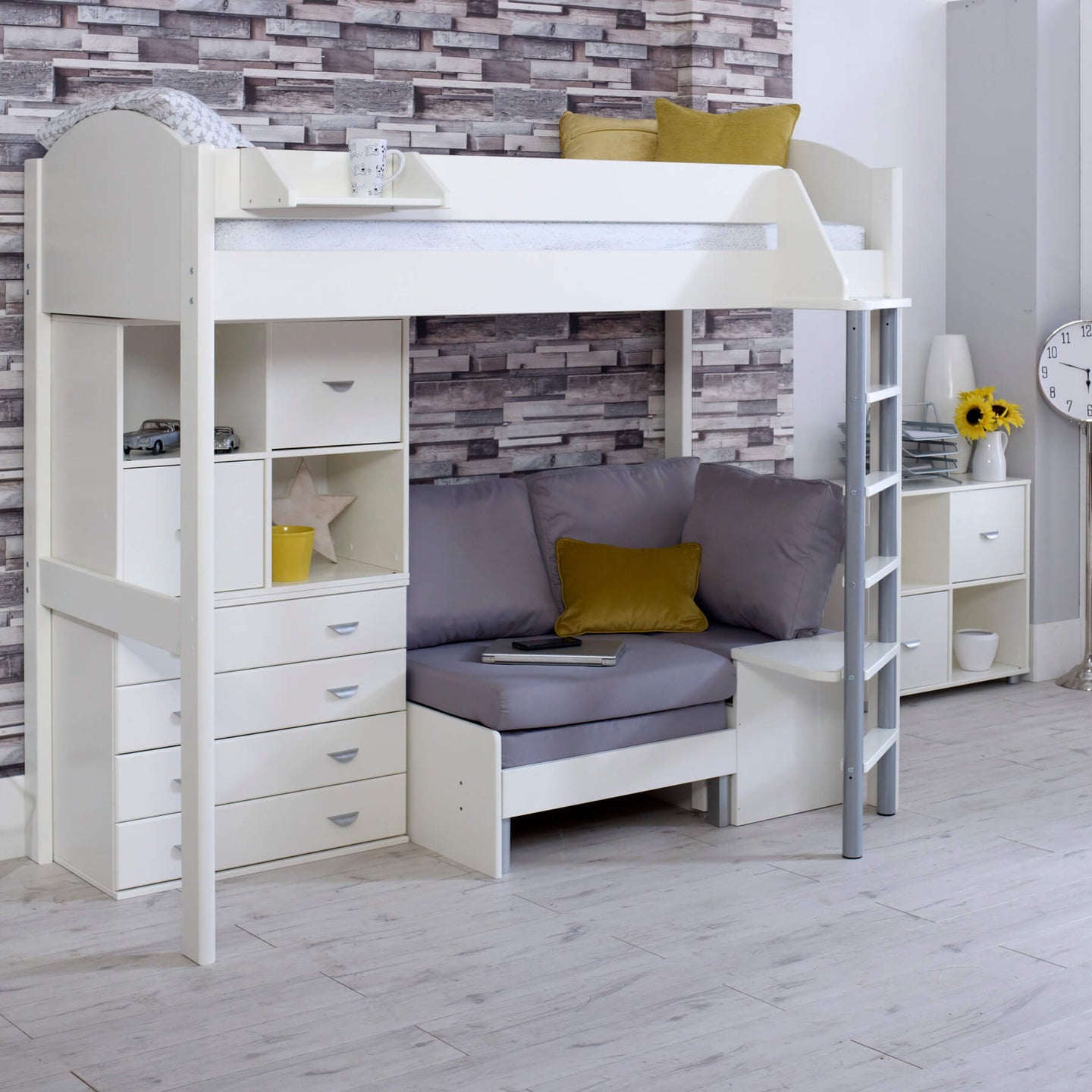 Noah High Sleeper Loft Bed with Chair Bed and Storage Drawers in white, featuring a pull-out futon chair and freestanding storage units.