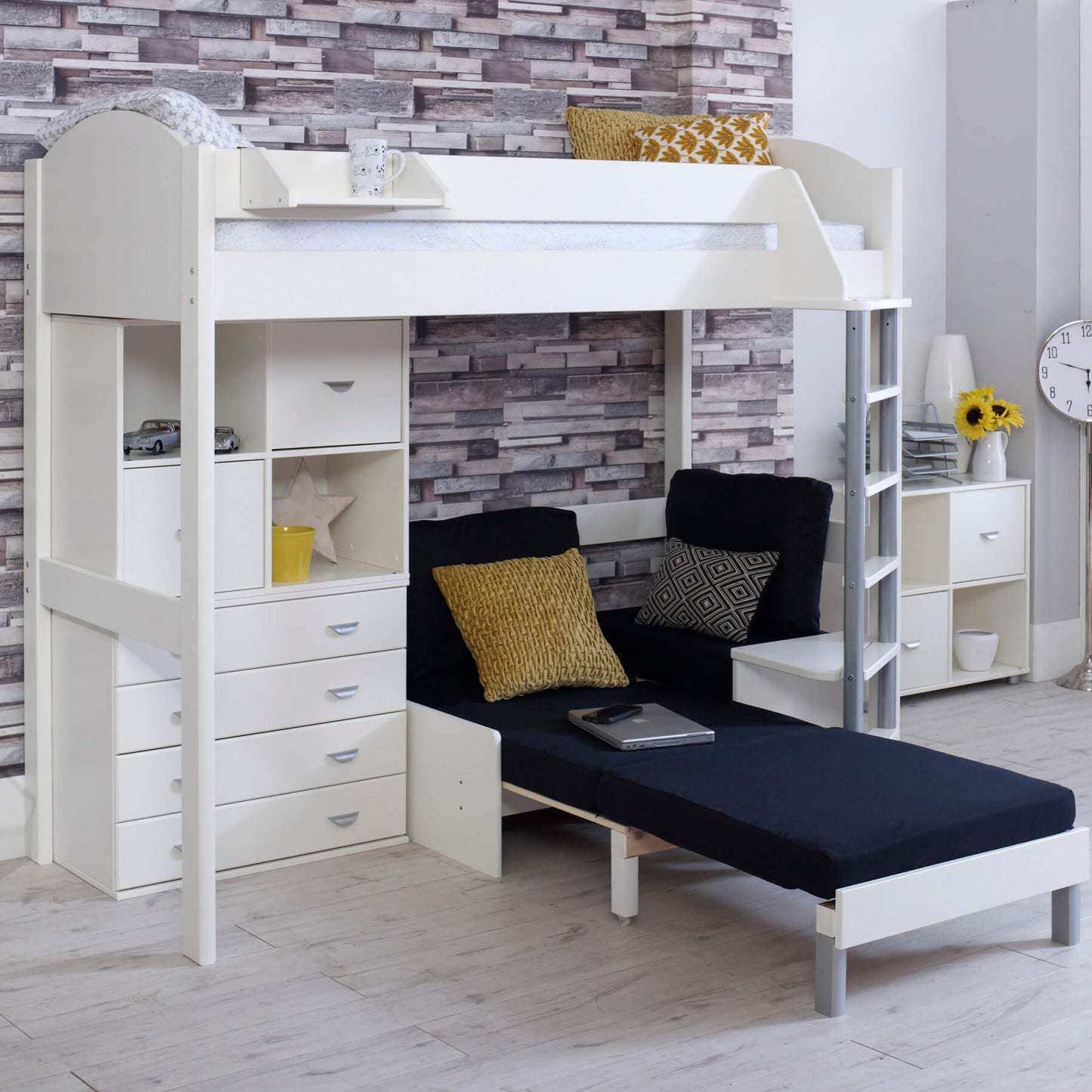 Noah High Sleeper Loft Bed with Chair Bed and Storage Drawers, white finish, futon in extended position.