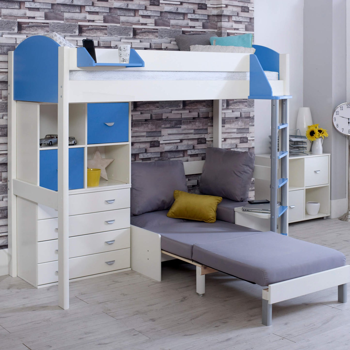 Noah high sleeper loft bed with pull-out chair bed and storage drawers in blue and white setup.