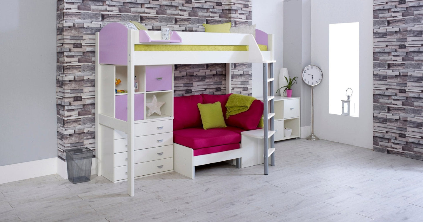 Noah high sleeper loft bed with chair bed and storage drawers in a modern children's bedroom.