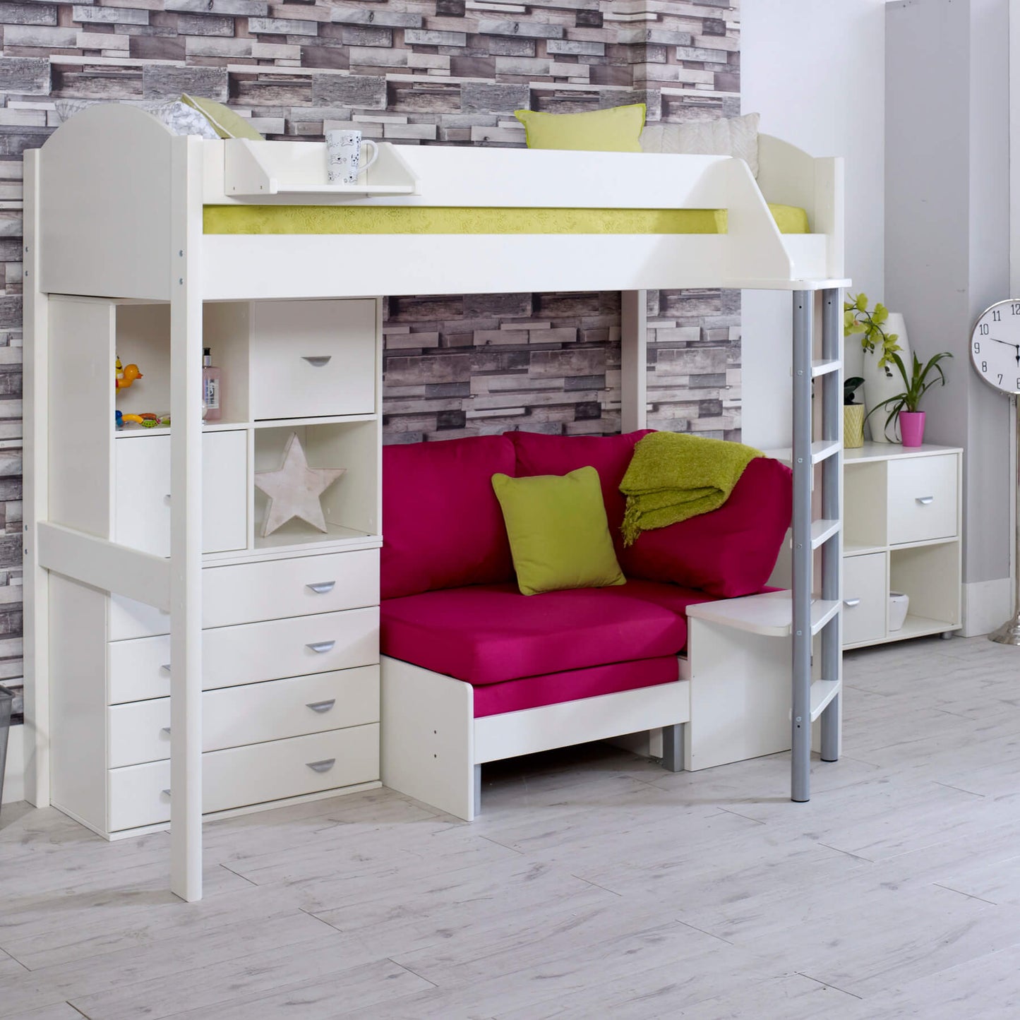 Noah high sleeper loft bed with pull-out chair bed, storage drawers, and white frame. Ideal for kids' rooms.