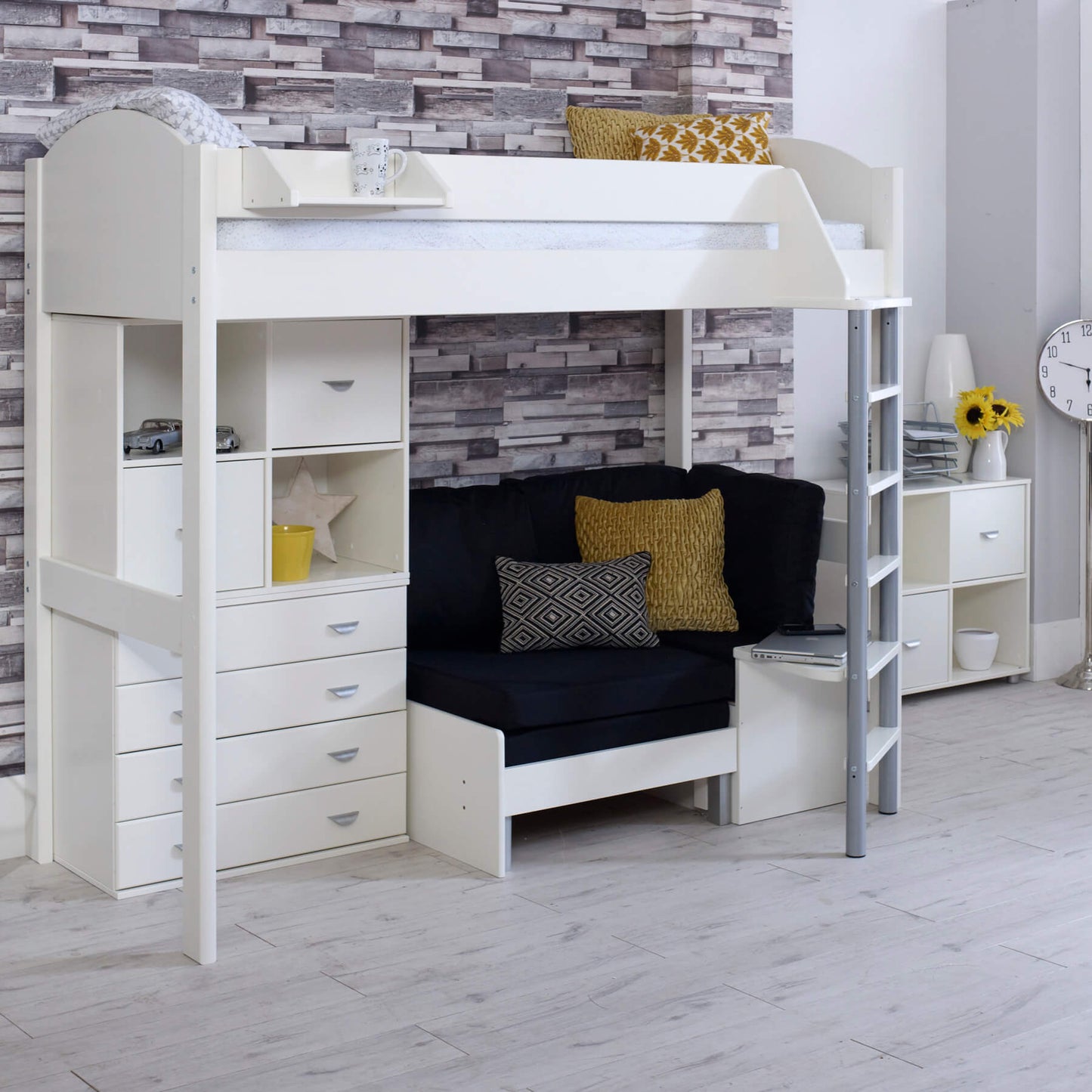 Noah high sleeper loft bed with chair bed and storage drawers in a modern bedroom setting.