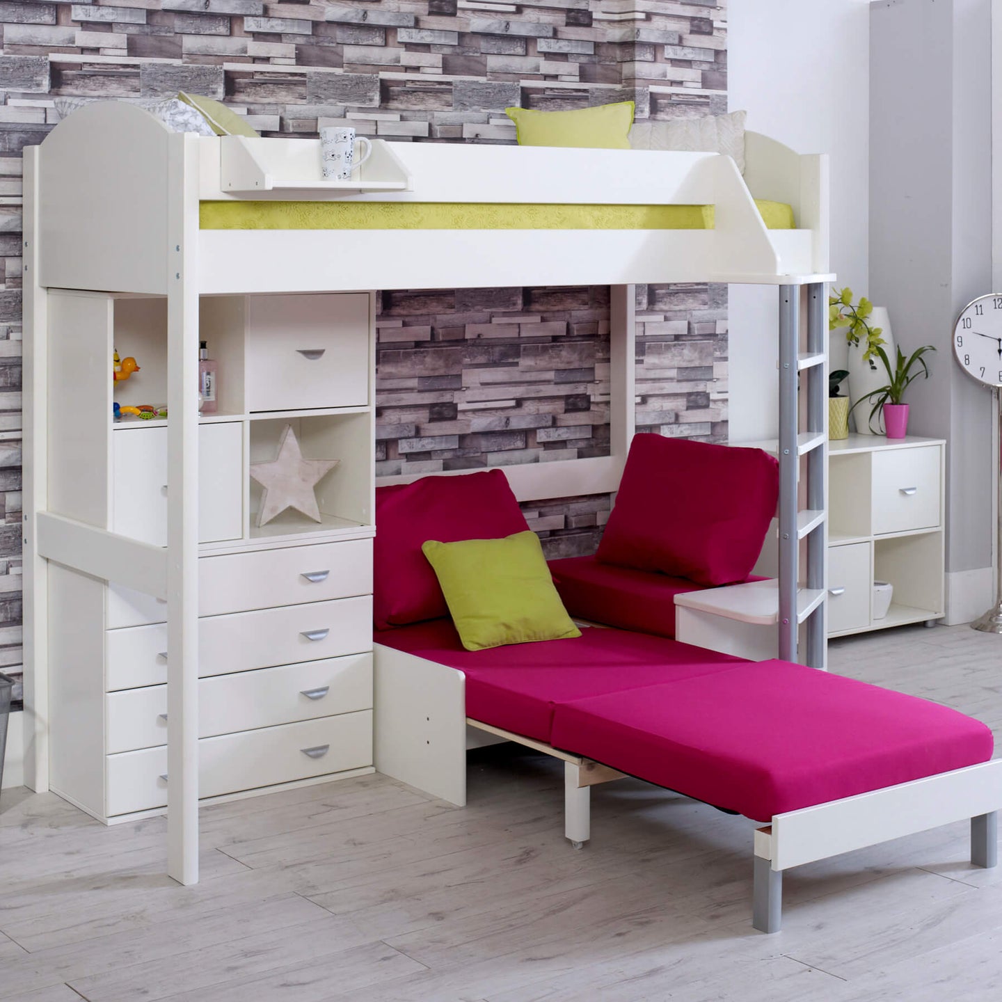 Noah high sleeper loft bed with pink futon chair bed and white storage drawers.