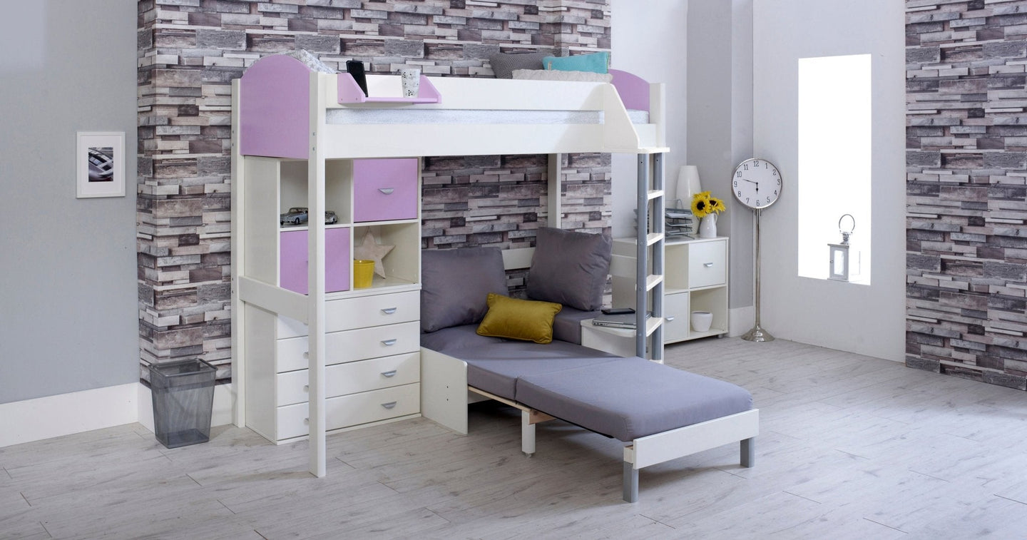 Noah High Sleeper Loft Bed with Chair Bed and Storage Drawers, featuring white and lilac design, freestanding chest and cube storage, and reversible ladder.