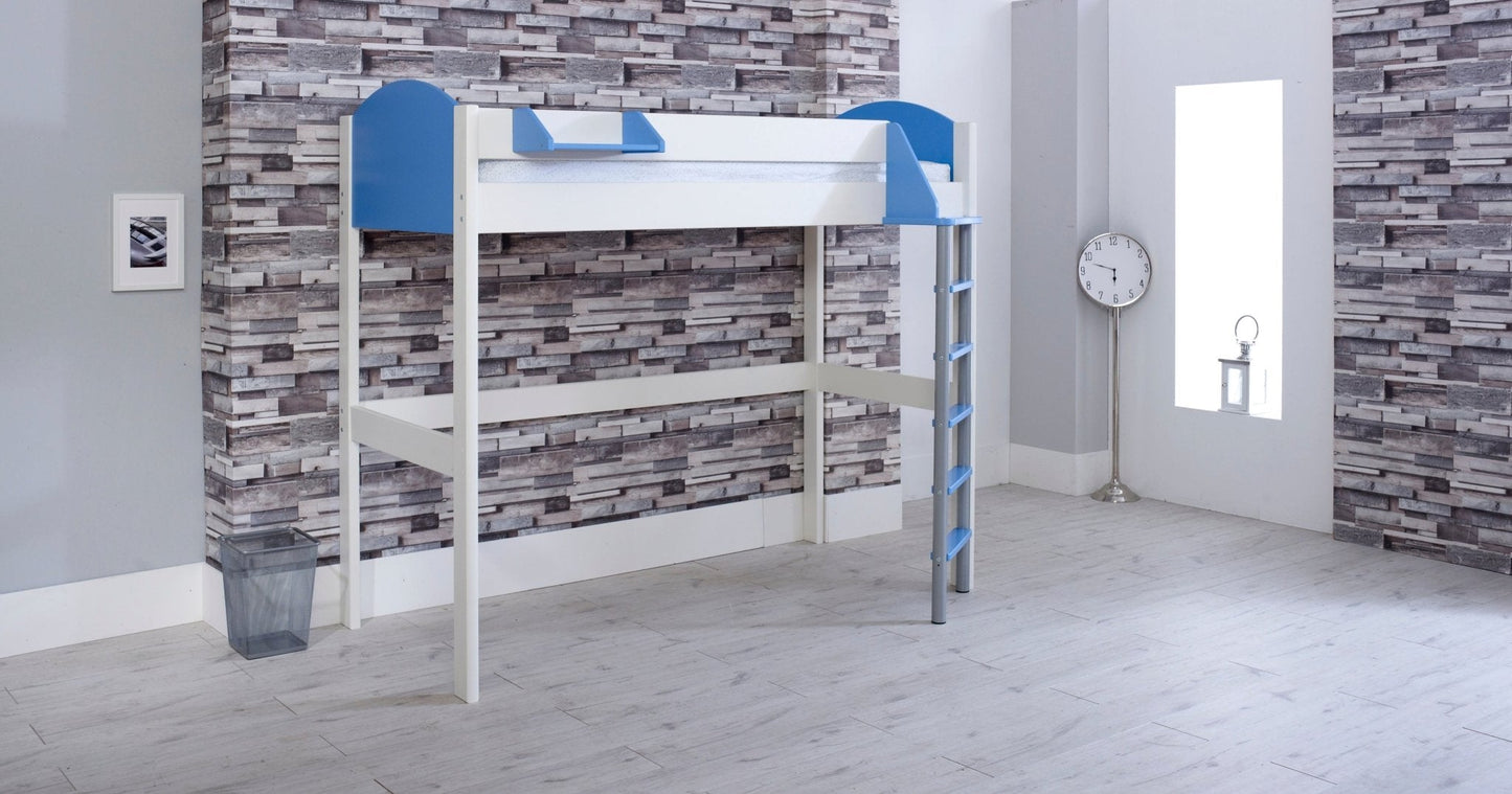 Noah high sleeper loft bed with sky blue accents and metal ladder in modern bedroom.