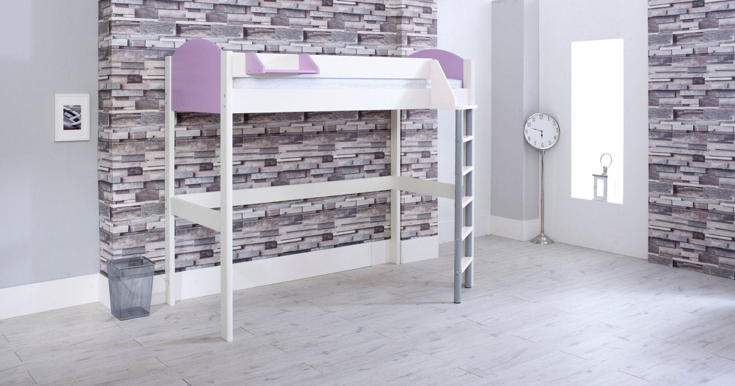 Noah high sleeper loft bed in white with lilac ends and ladder, optional clip on shelf, ideal for children's rooms.