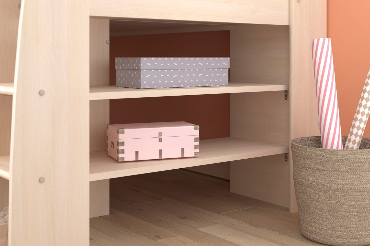 Kurt Cabin Midsleeper with integrated shelves and stylish Acacia finish.