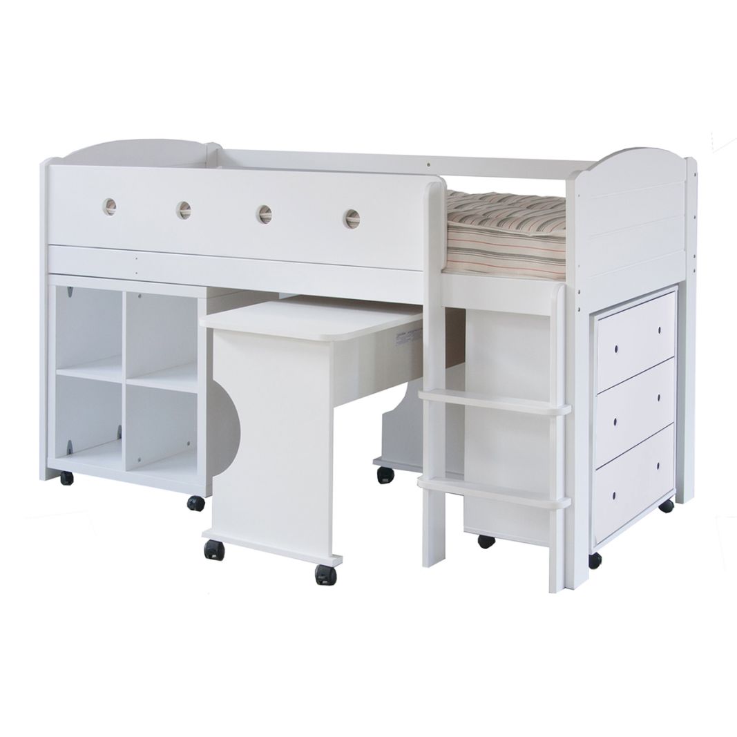 Little Folks - CUBIX Mid Sleeper with Chest of Drawers, Bookcase & Desk in Pure White - Millie & Jones