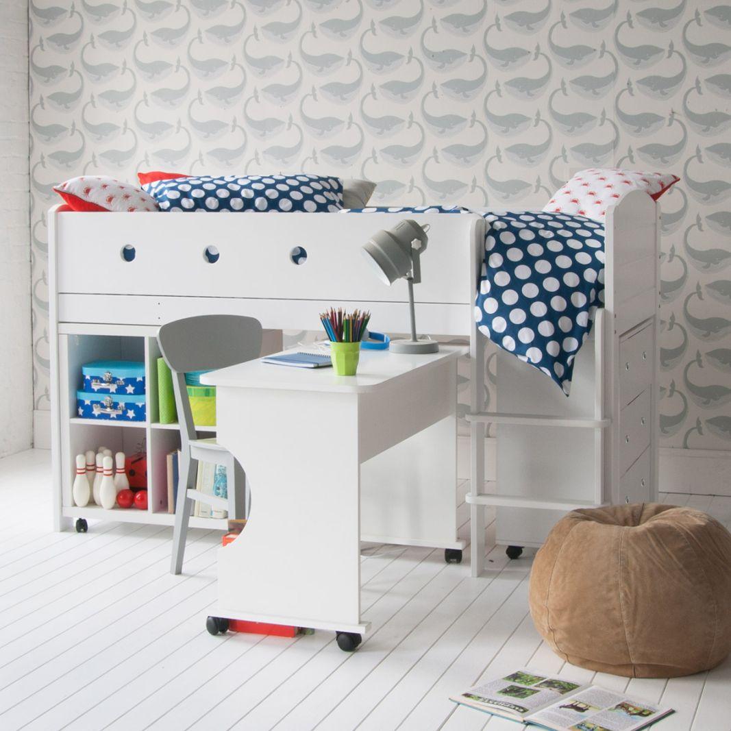 CUBIX Mid Sleeper with drawers, bookcase, and desk in pure white, featuring storage and versatility for a child's room.