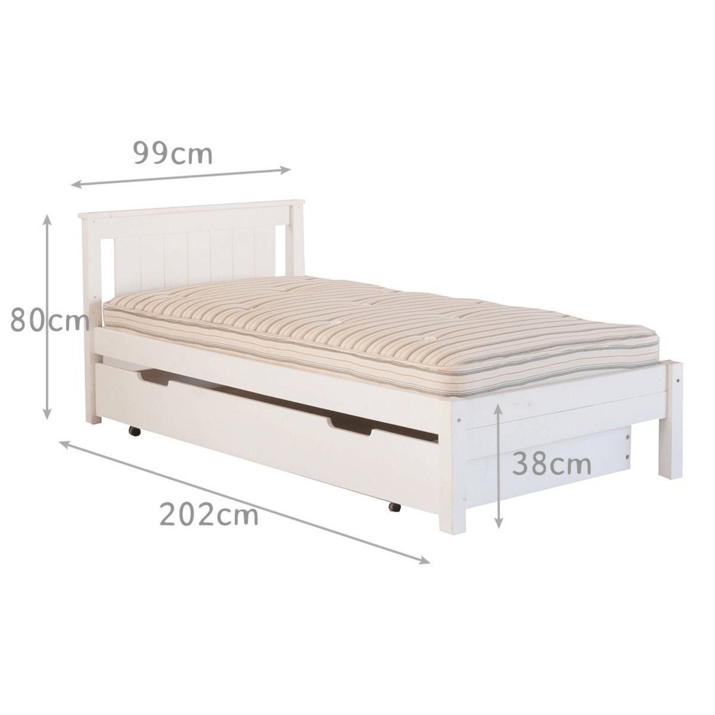 Classic Beech Single Bed in white with slatted headboard, optional trundle, and dimensions displayed: 202cm length, 99cm width, 80cm headboard height.