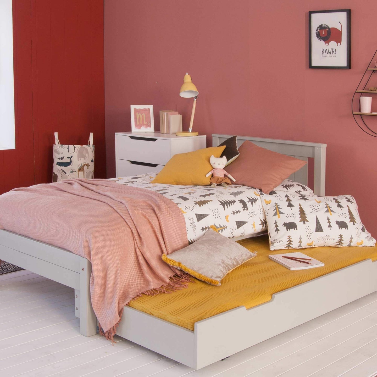 Classic Beech Single Bed with slatted headboard, optional trundle in modern dove grey, for kids ages 3 and up.