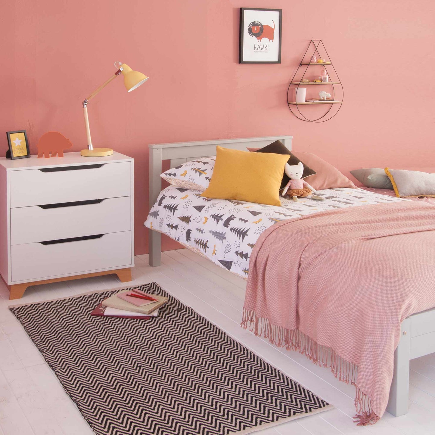 Classic Beech Single Bed in child’s room with optional trundle or drawers, featuring a slatted headboard and neutral decor.