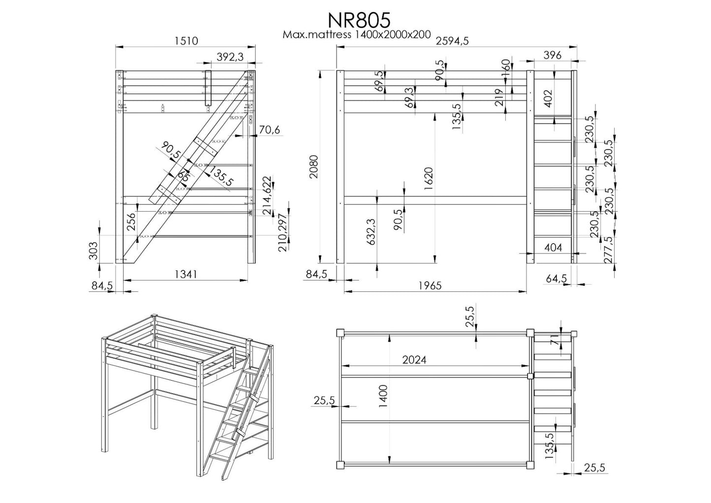 Noomi Studio Loft Bed Double High Sleeper