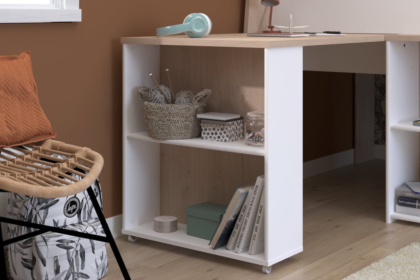 Lucas Midsleeper with pull-out desk, white and Japanese Oak finish, showcasing integrated storage shelves in bedroom setting.