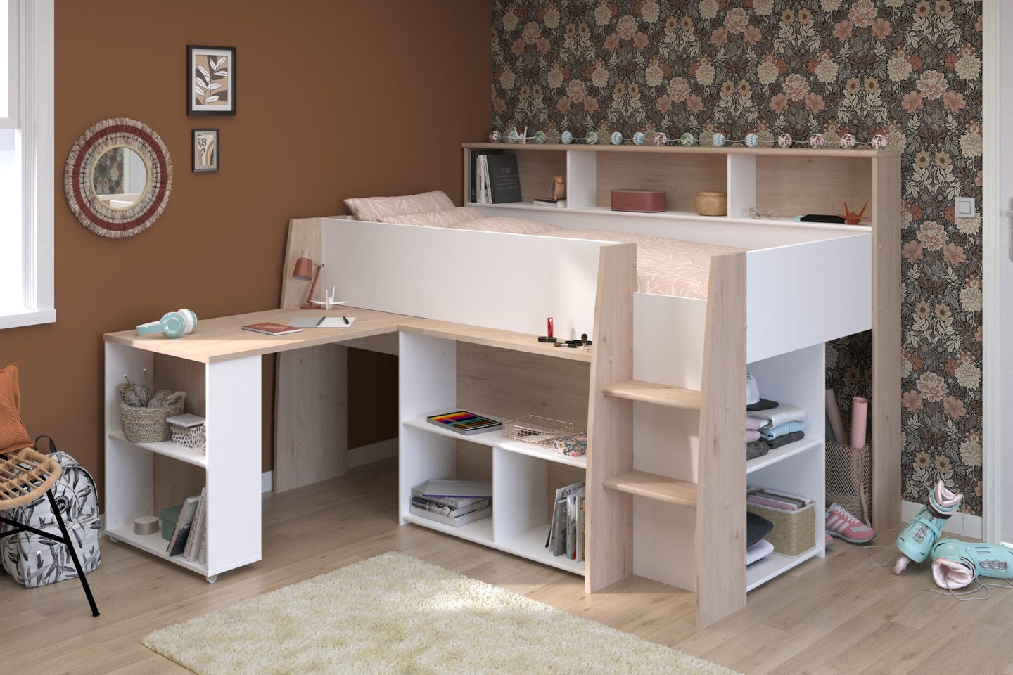 Lucas Midsleeper with pull-out desk, integrated storage, and white and Japanese Oak finish in a cozy bedroom setting.