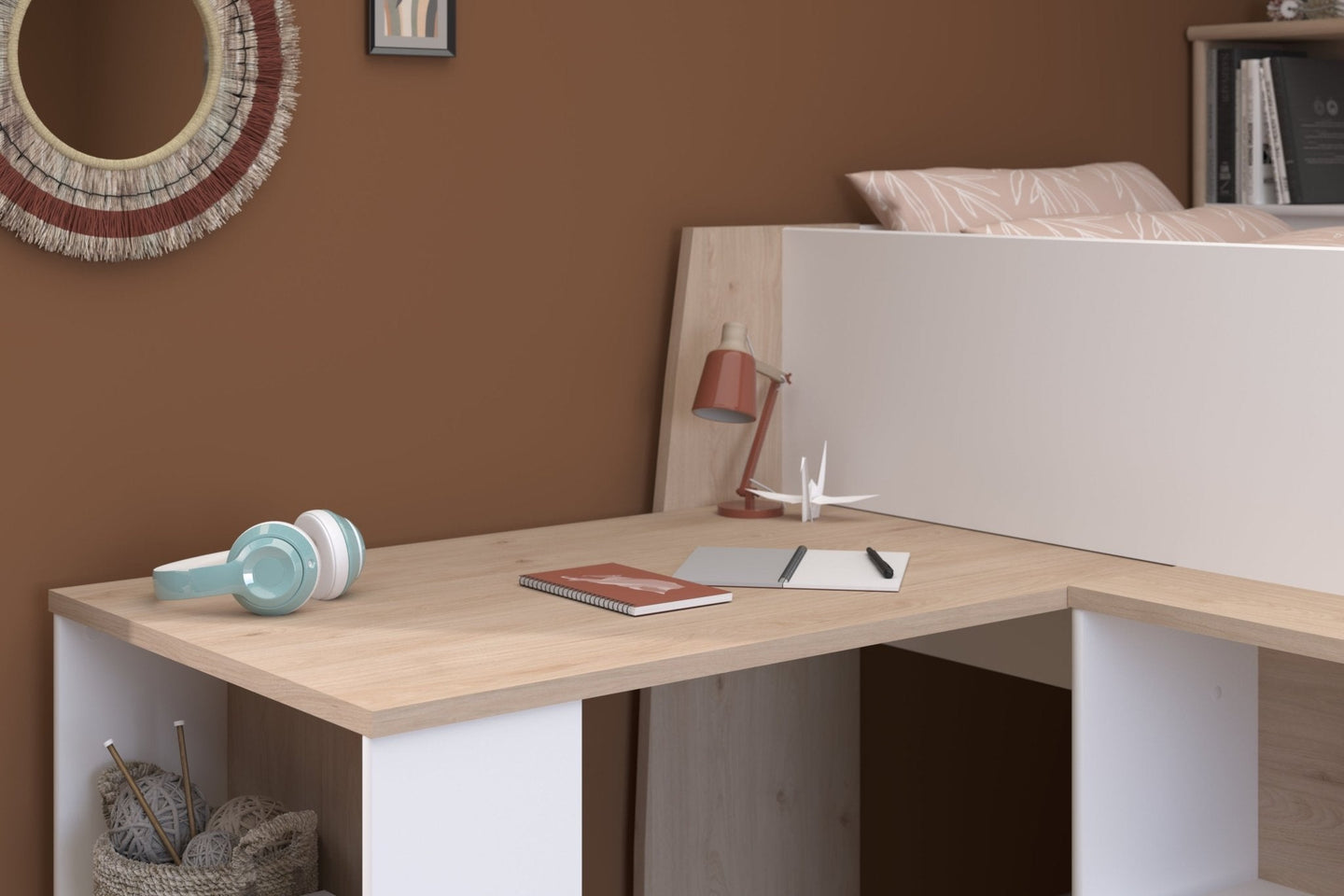 Lucas Midsleeper with pull-out desk, sleek white and Japanese Oak finish, showing modern and space-saving design.