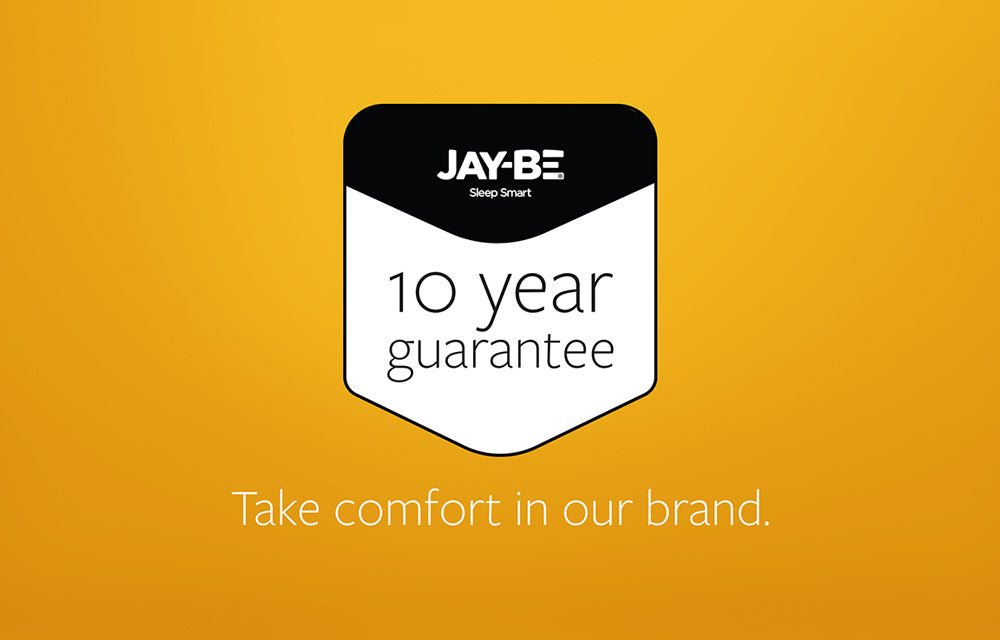 Jay-Be 10-year guarantee badge on a yellow background.