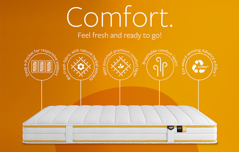 Jay-Be Bio Fresh Hybrid 2000 e-Pocket Single Mattress with Bio Fresh fabric, mint-infused fillings, and eco-friendly Advance e-Fibre™, offering comfort and sustainability.