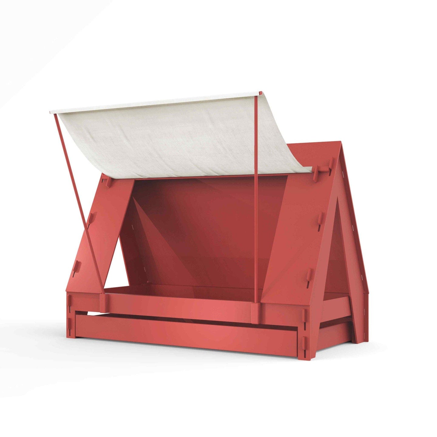 Red tent bed with fabric canopy and trundle, ideal for kids; made from sustainable timber.