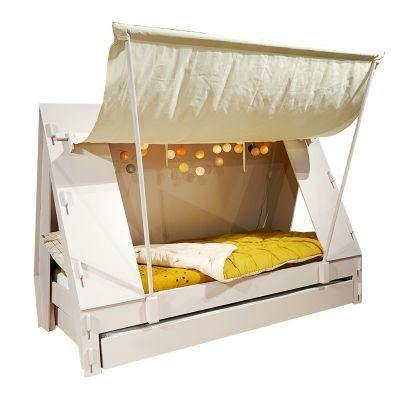 Tent bed with trundle, fabric canopy, and pull-out guest bed, ideal for kids.