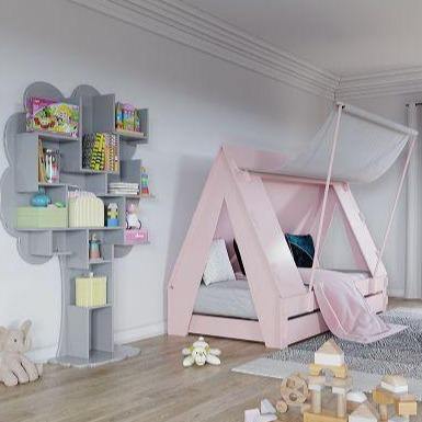 pink tent bed with trundle and canopy in kids' room