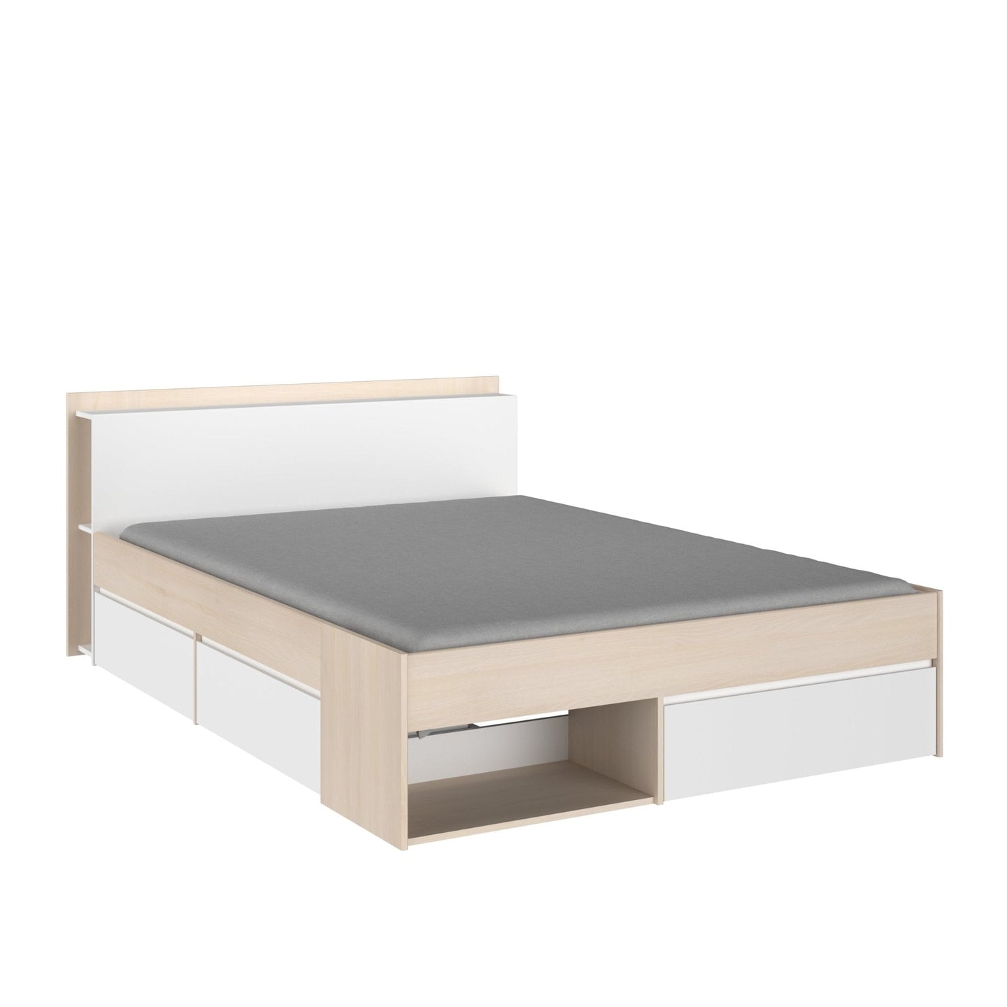 Double storage bed with sleek design, under-bed storage, and integrated shelving.