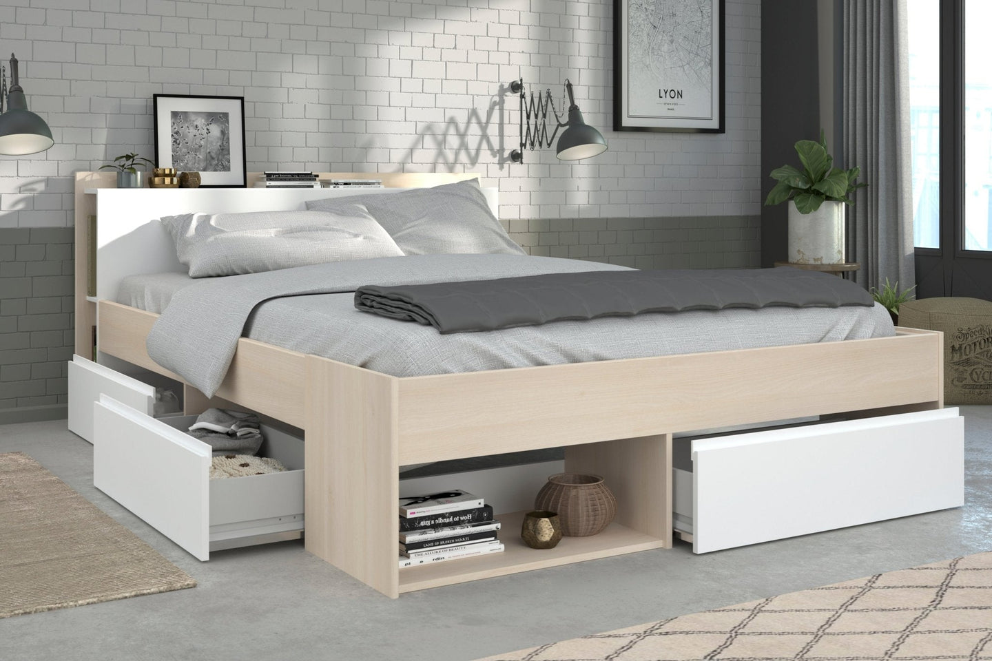 Double storage bed with under-bed compartments and integrated shelving headboard in modern bedroom setting.