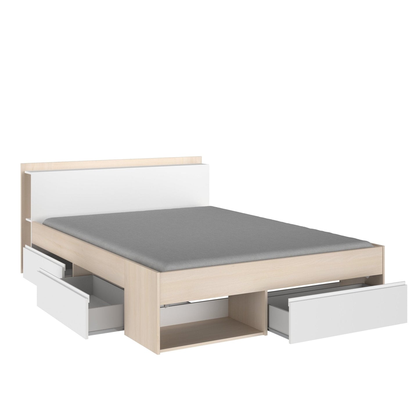 Double storage bed with integrated headboard shelving and under-bed storage compartments.