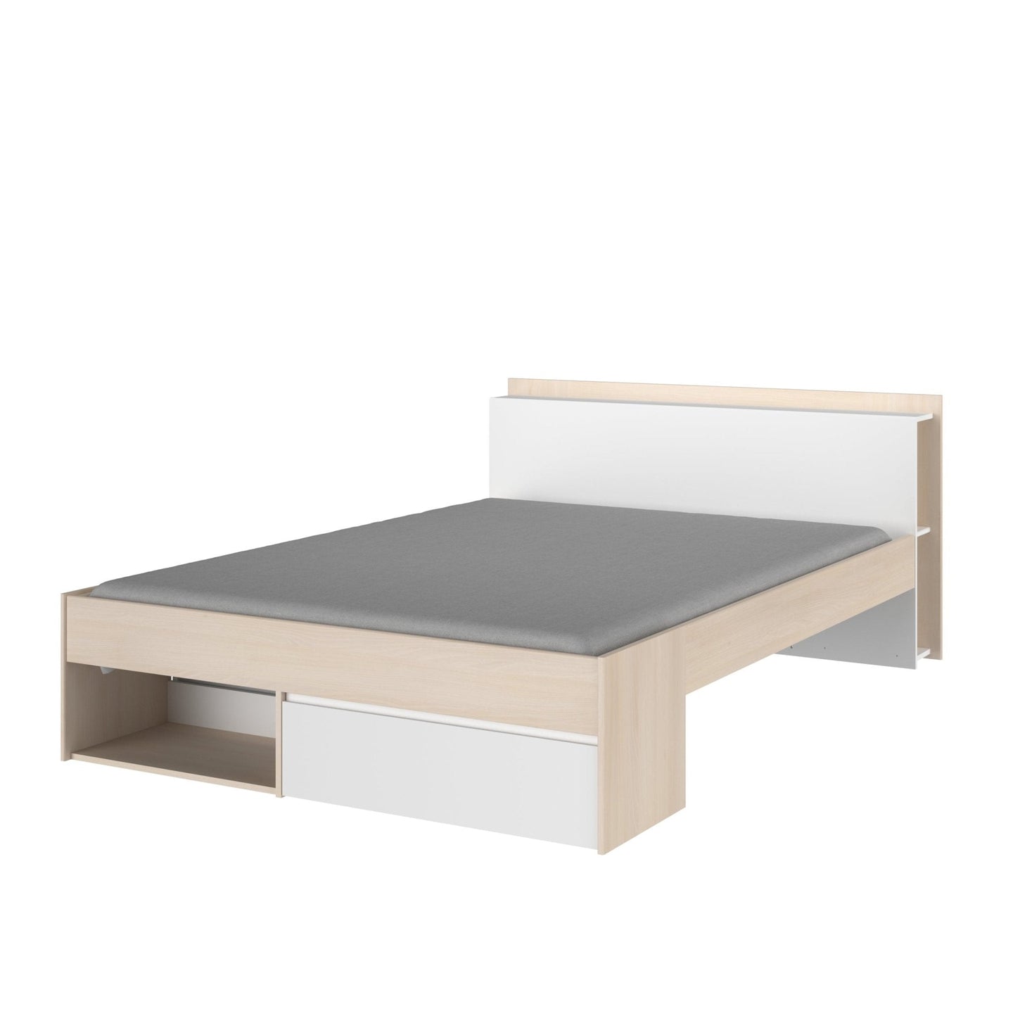 Contemporary double storage bed with integrated headboard shelving and under-bed storage compartments.