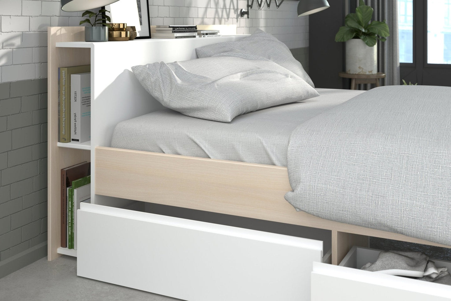 Stylish double storage bed with integrated headboard shelving and under-bed drawers for clutter-free bedrooms.