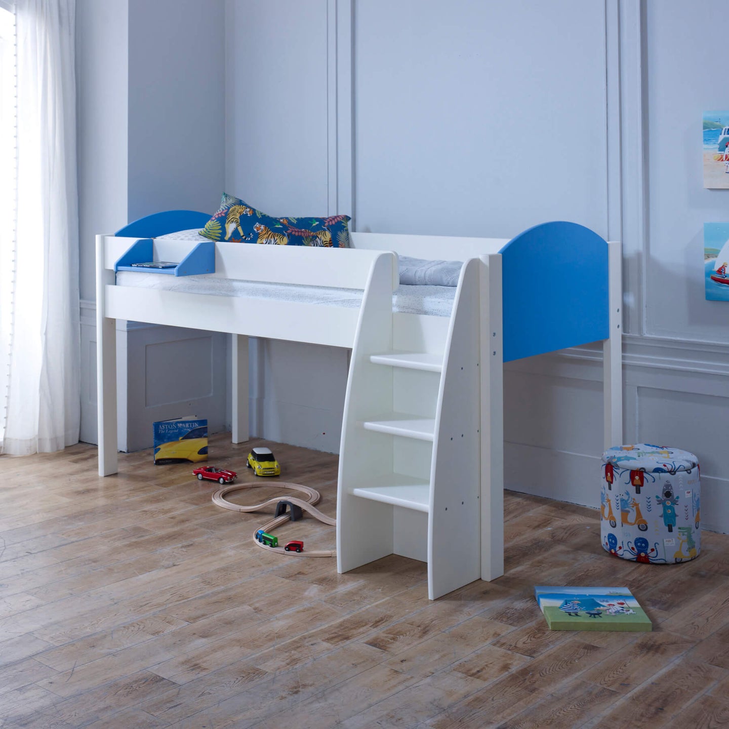 Mid Sleeper Bed with customisable bed ends, blue and white design, Scandinavian pine, kids bedroom furniture.