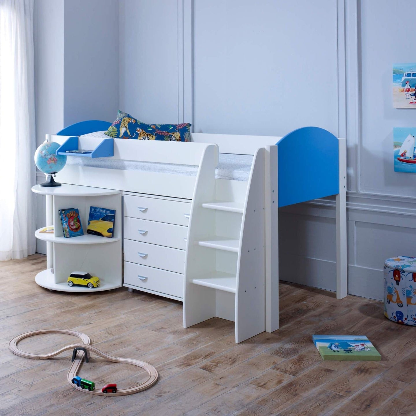 Noah & Eli Mid Sleeper Bed with Pull Out Desk & Drawers - Millie & Jones