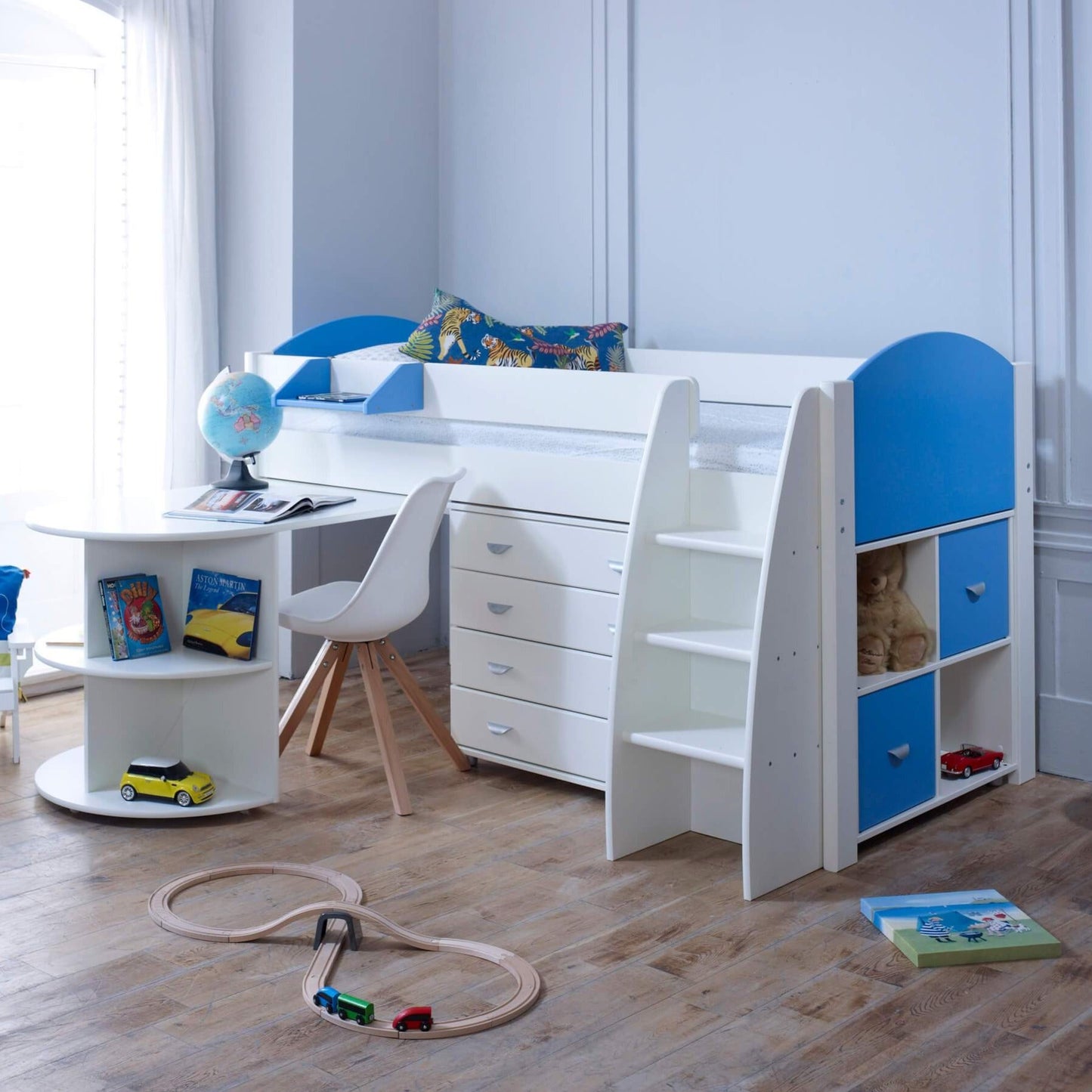 Noah & Eli Mid Sleeper Bed with Pull Out Desk & Drawers - Millie & Jones