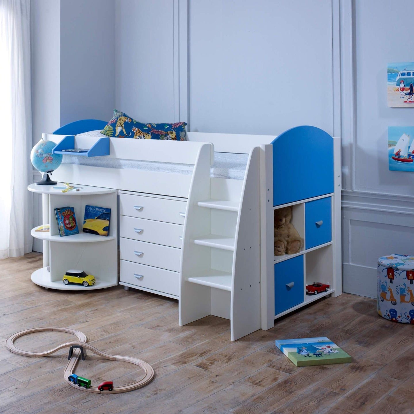 Noah & Eli Mid Sleeper Bed with Pull Out Desk & Drawers - Millie & Jones