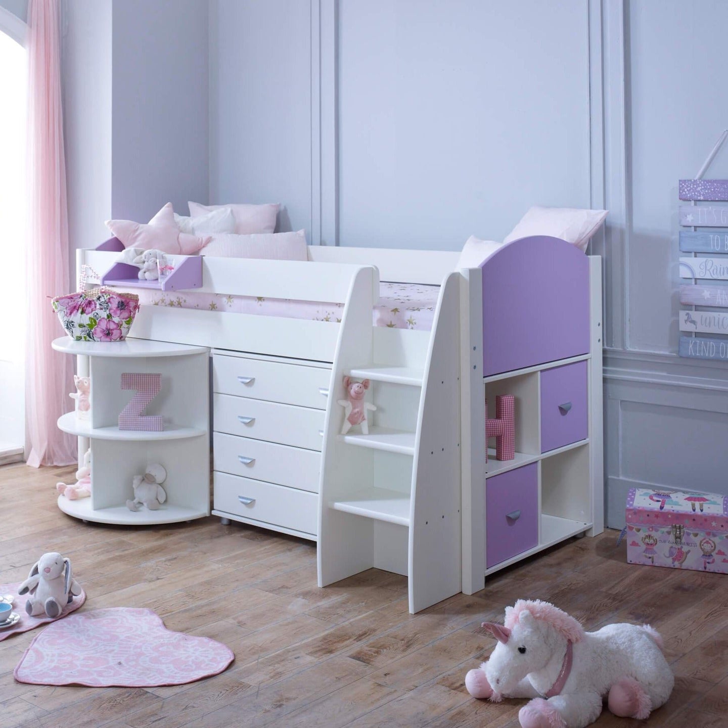 Noah & Eli Mid Sleeper Bed with Pull Out Desk & Drawers - Millie & Jones