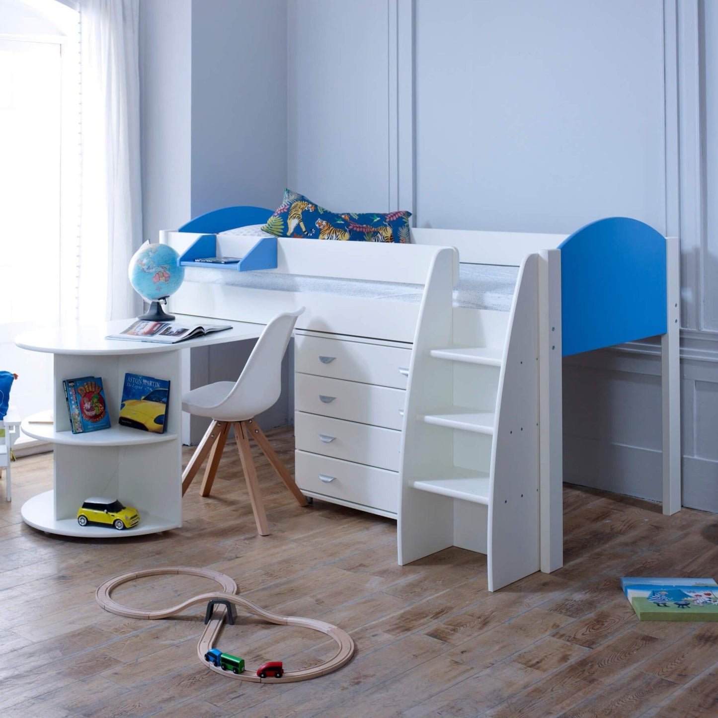 Noah & Eli Mid Sleeper Bed with Pull Out Desk & Drawers - Millie & Jones