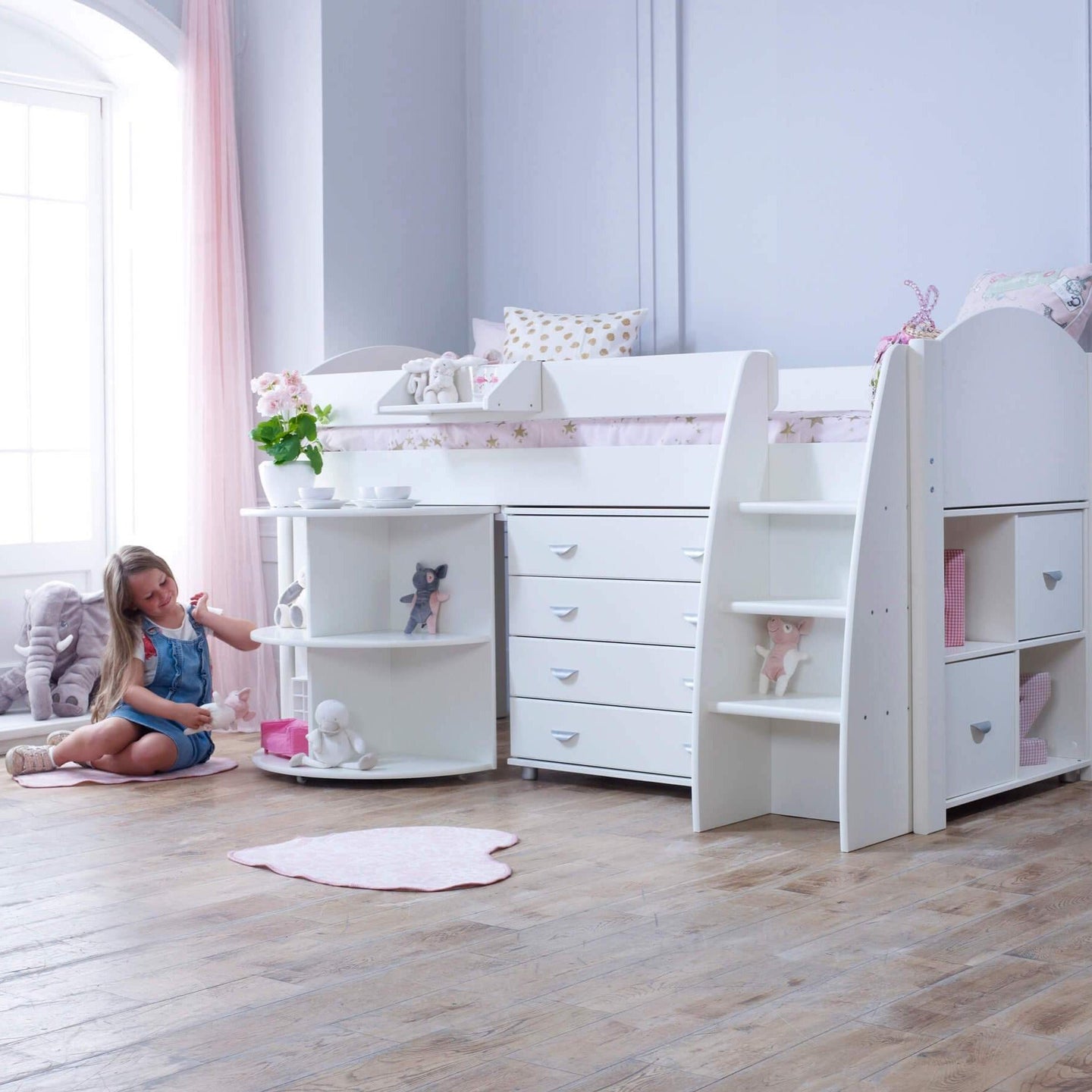 Noah & Eli Mid Sleeper Bed with Pull Out Desk & Drawers - Millie & Jones