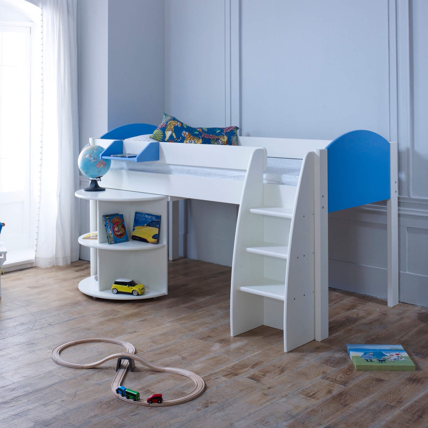 Mid Sleeper Bed with Pull Out Desk and Storage, white and blue design, children's room, integrated shelving