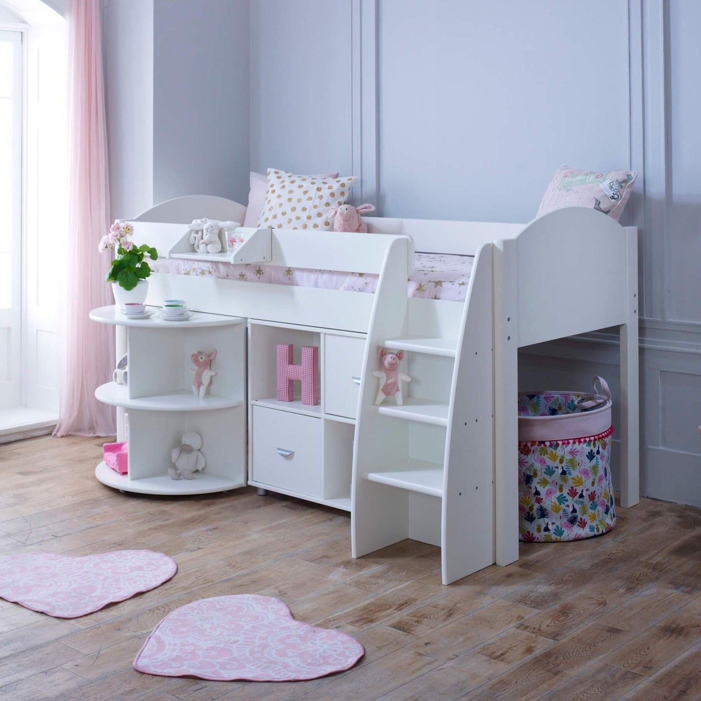 Mid Sleeper Bed with Pull Out Desk and Storage, white frame, integrated shelves, reversible ladder, space-saving design for children.