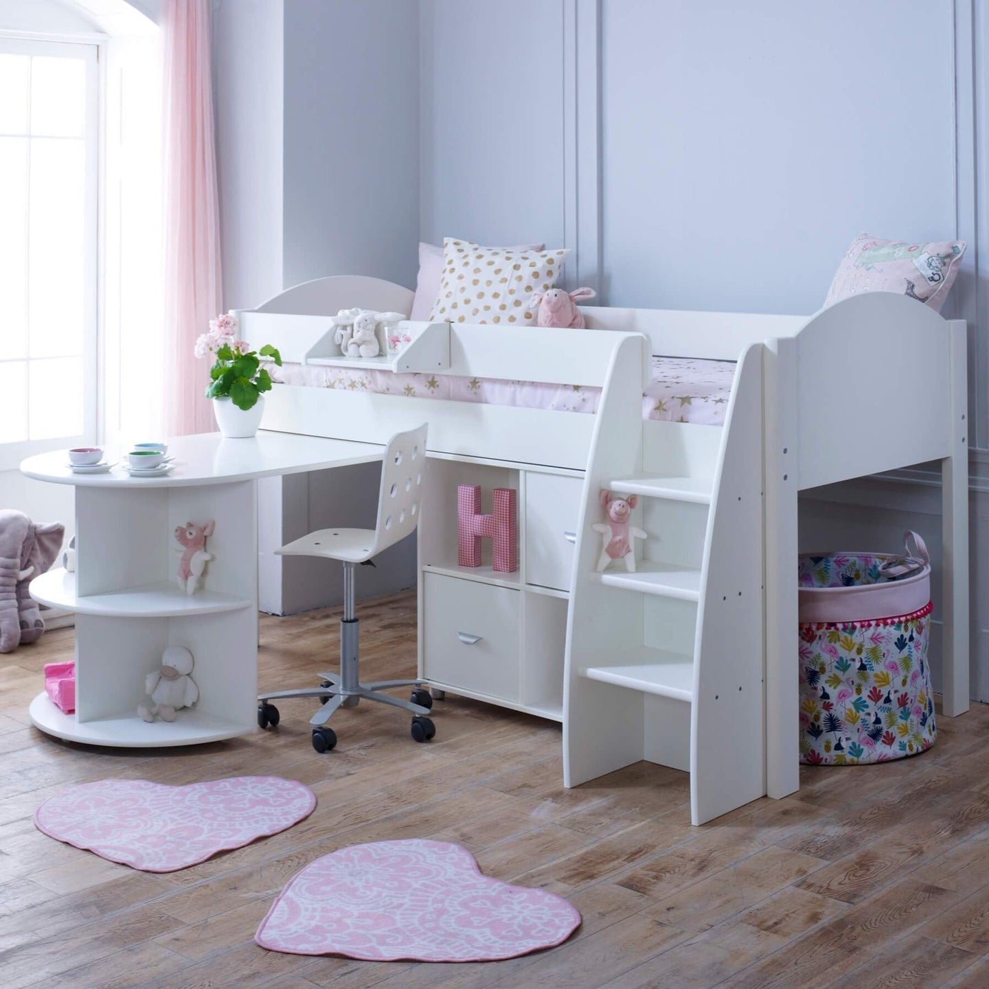 Mid Sleeper Bed with Pull Out Desk and Storage in a child's bedroom setting