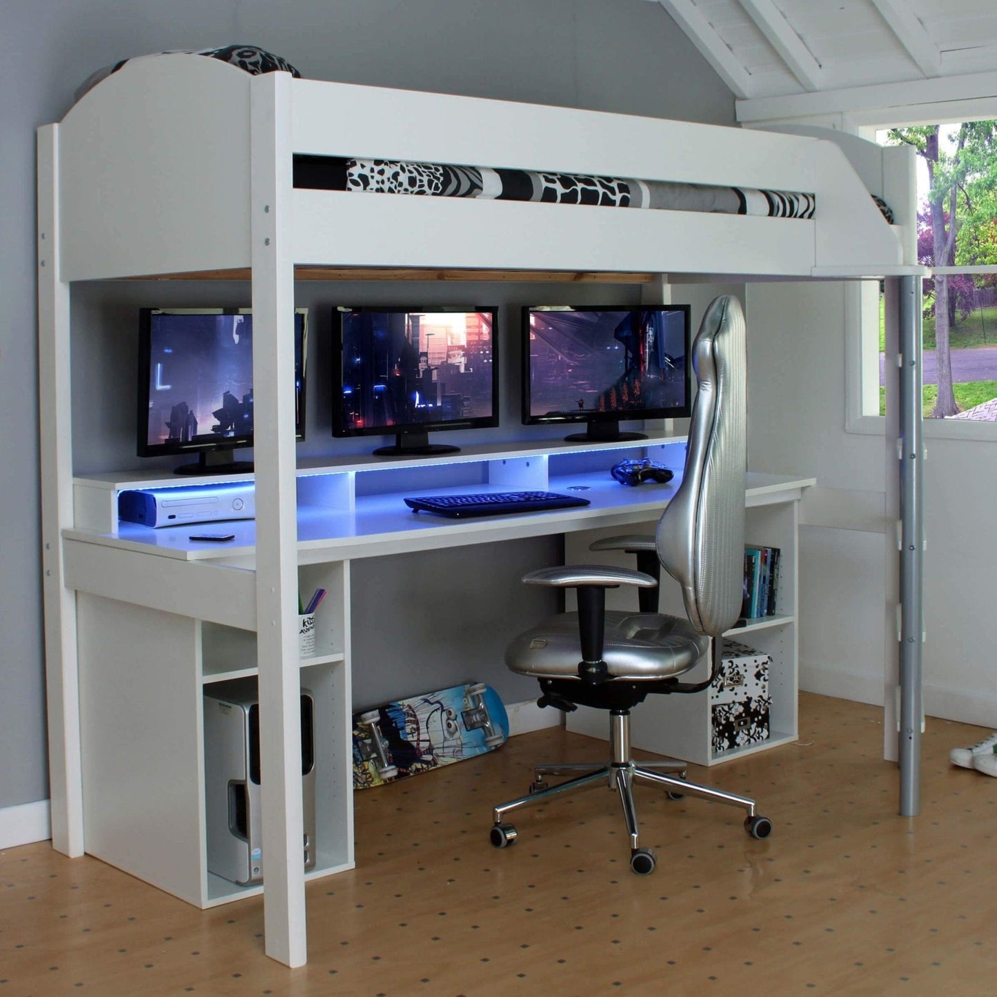 Noah Gaming High Sleeper Loft Bed with desk, storage, and LED lights for kids' gaming setup.