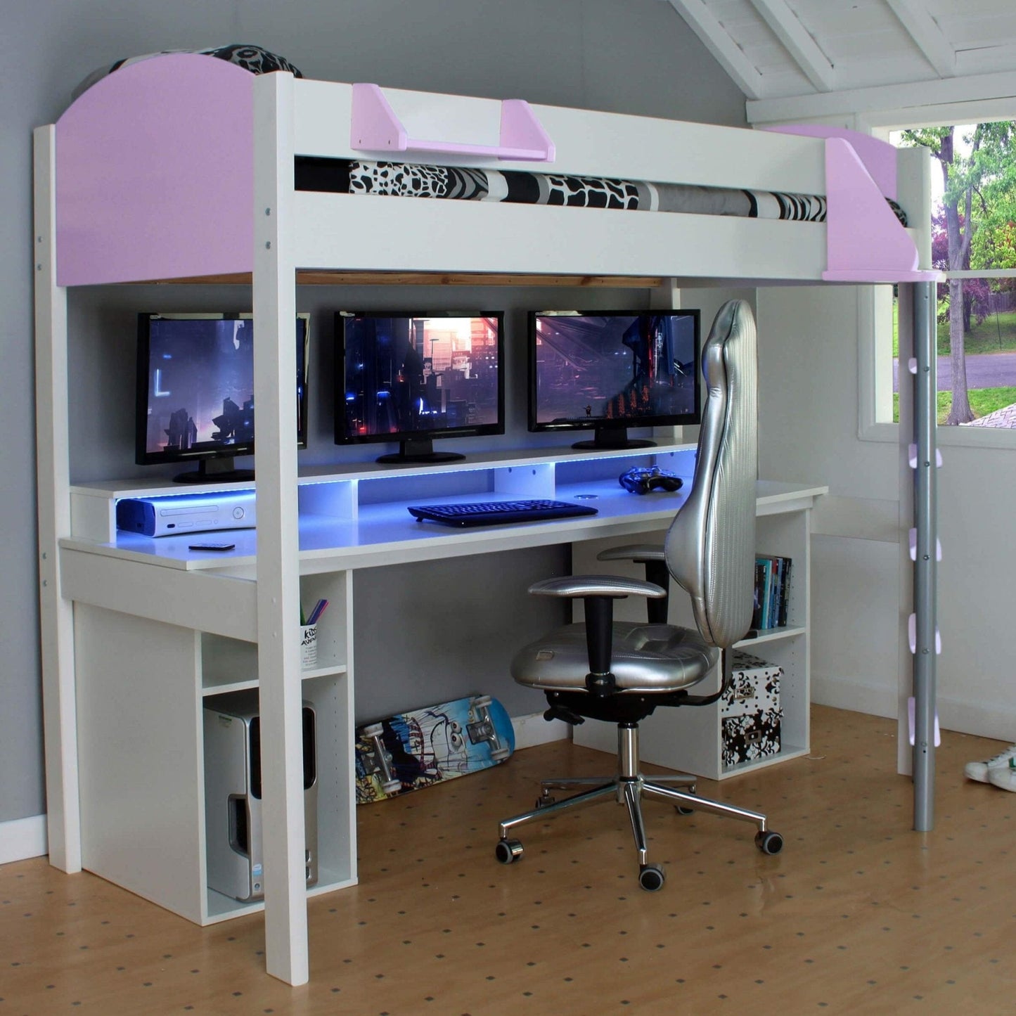 Noah Gaming High Sleeper Loft Bed with storage, built-in desk, LED lights, and wireless charger in a bedroom setting.