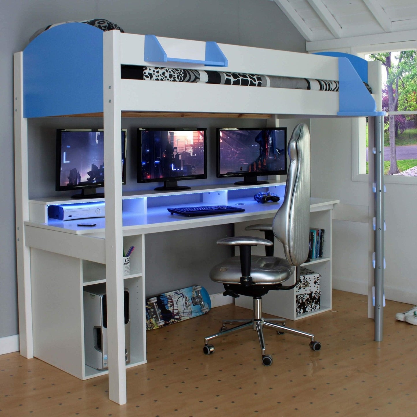 Noah Gaming High Sleeper Loft Bed with desk, LED lights, and storage integration for a gaming setup.