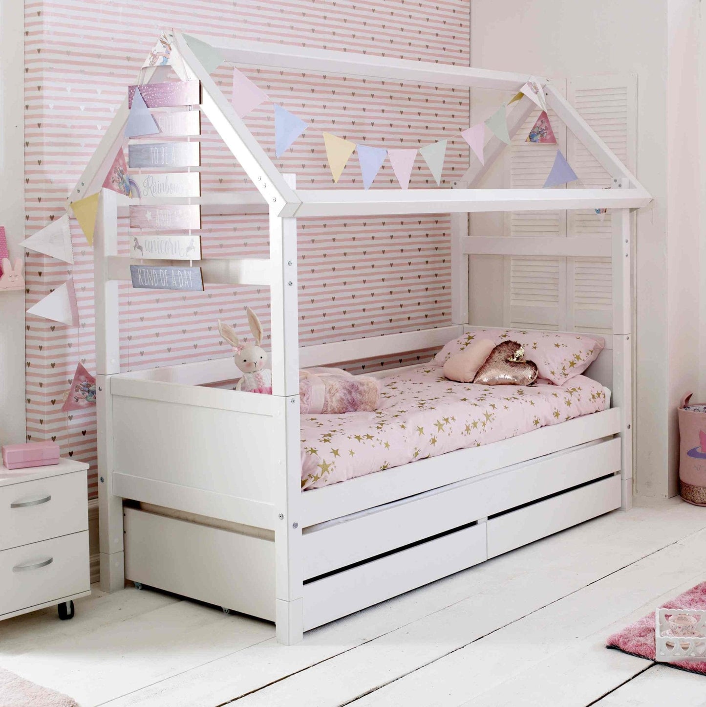 Nordic Playhouse Bed with removable trundle and storage drawers, kids furniture.