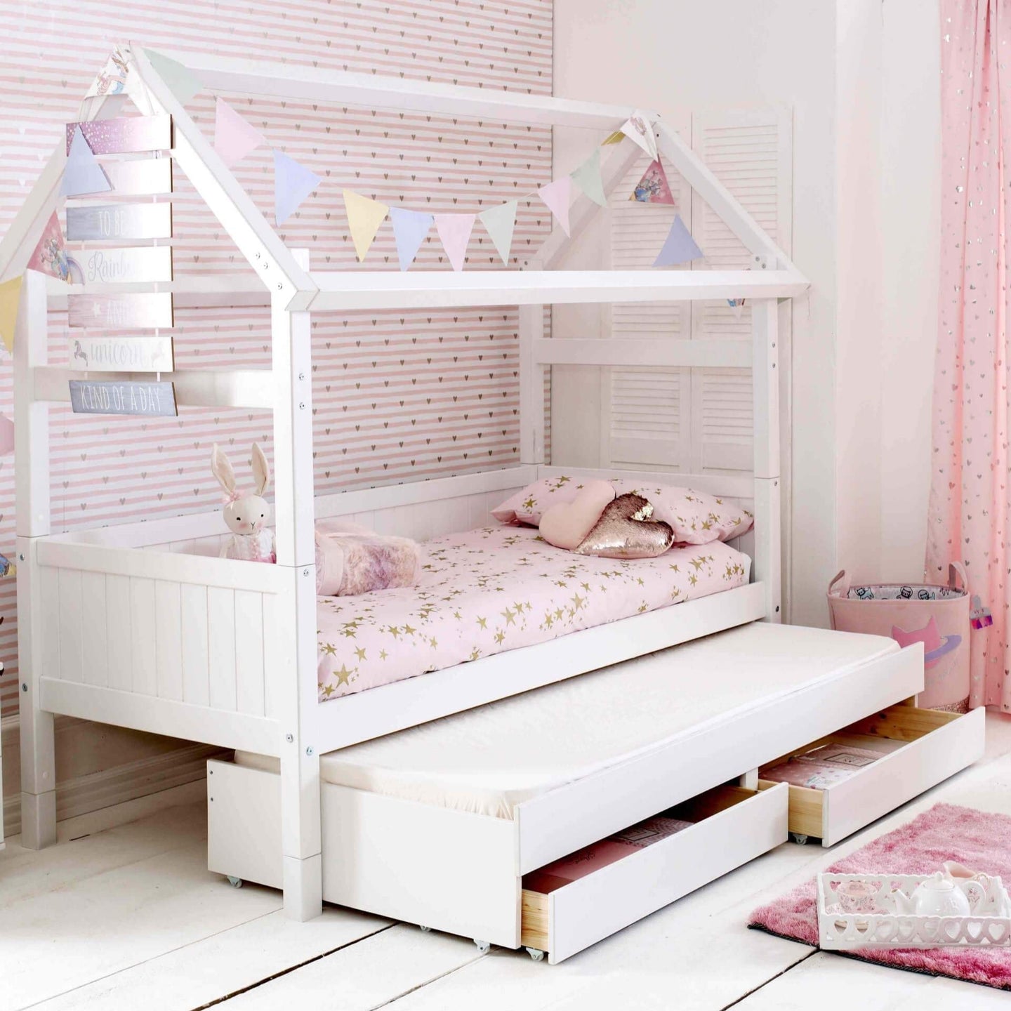 Nordic Playhouse Bed with trundle and storage drawers, Scandinavian pine, house structure, kids' bed.